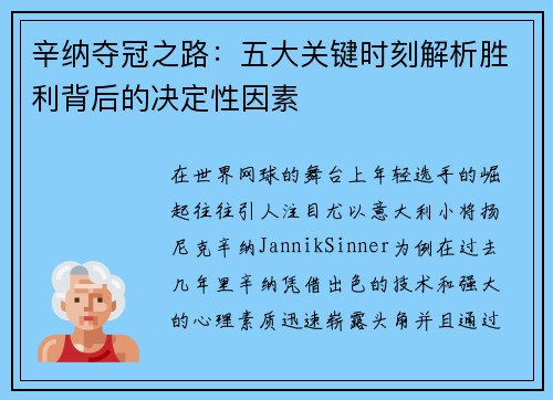 辛纳夺冠之路:五大关键时刻解析胜利背后的决定性因素 辛纳夺冠之路:五大关键时刻解析胜利背后的决定性因素