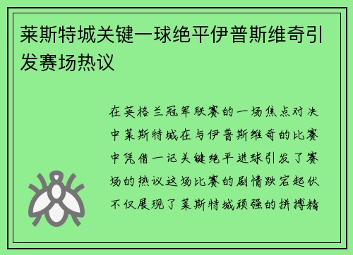 莱斯特城关键一球绝平伊普斯维奇引发赛场热议 莱斯特城关键一球绝平伊普斯维奇引发赛场热议