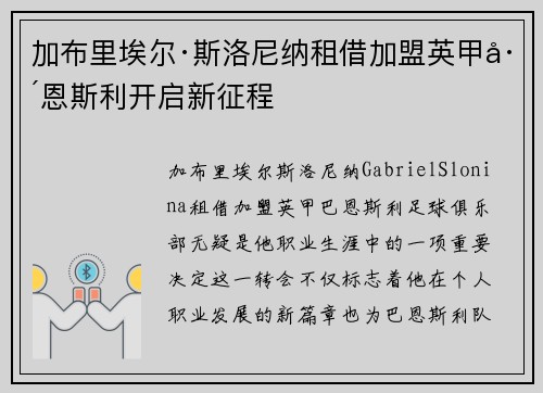 加布里埃尔·斯洛尼纳租借加盟英甲巴恩斯利开启新征程
