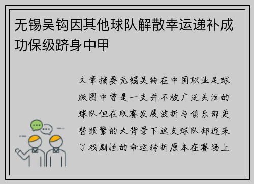无锡吴钩因其他球队解散幸运递补成功保级跻身中甲